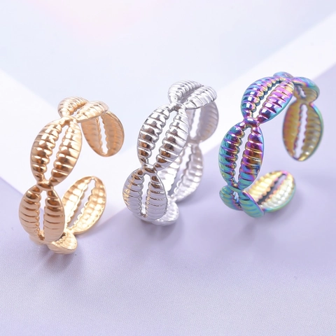 Vintage Stainless Steel Open Adjustable Ring For Women Bohemian Shell Texture Rainbow Gold Silver Metallic Jewelry Gift