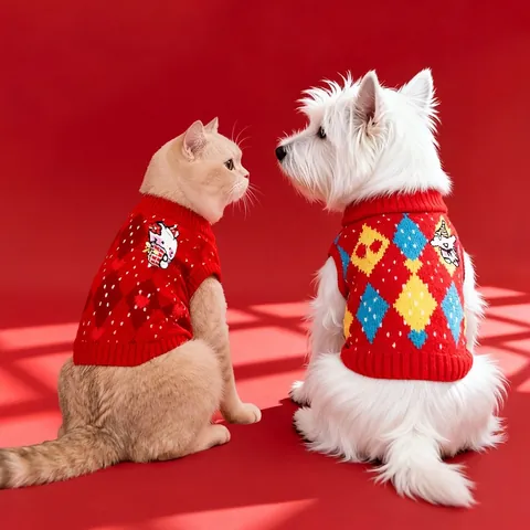 Pull Pour Animaux Tricot Épais Chaud Festif Cartoon Losanges Vêtements D'hiver Pour Petits Moyens Chiens Chats