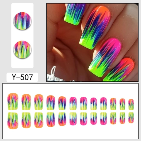 Colorful Gradient Neon Press On Nails Long Square Rainbow Tie Dye Glitter Fake Nails Women