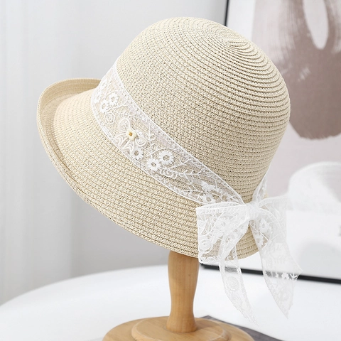 French Style Straw Sun Hat Women Summer Beach Floral Lace Ribbon Bow Breathable Wide Brim Foldable Roll Up Elegant