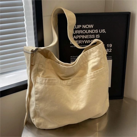 Women Large Capacity Canvas Crossbody Bag Minimalist Japanese Style Casual Shoulder Tote Handbag For Daily Commute