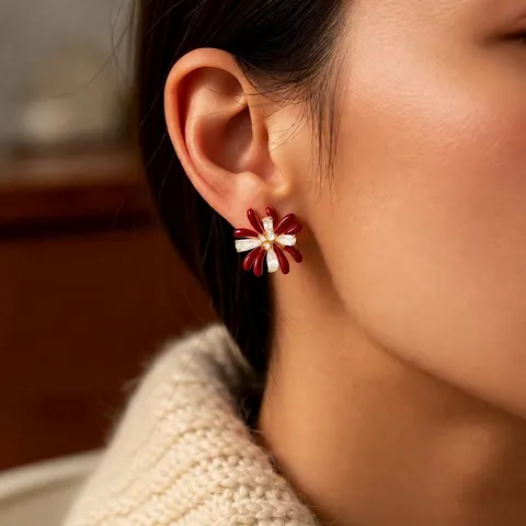 Eleganti Orecchini A Lobo A Fiore Fuochi D'Artificio Rame Placcato Oro 18K Smalto Rosso Zircone Con Perno In Argento Donna