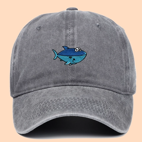 Washed Cotton Baseball Cap Retro Vintage Cartoon Shark Embroidery Outdoor Casual Sun Protection Breathable Adjustable