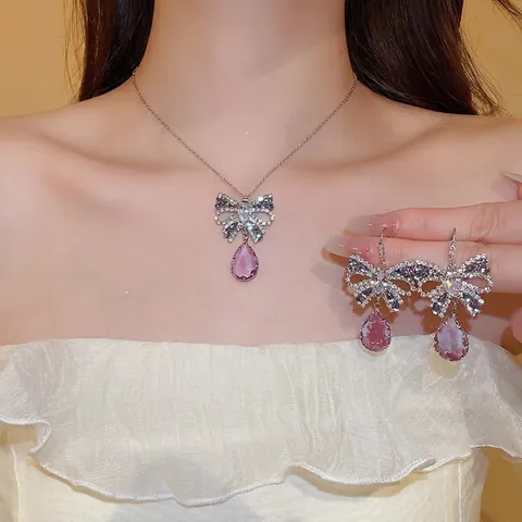 Butterfly Necklace And Drop Earrings For Women Copper Zircon Pink Purple Water Drop Pear Shaped Pendant Elegant Luxury