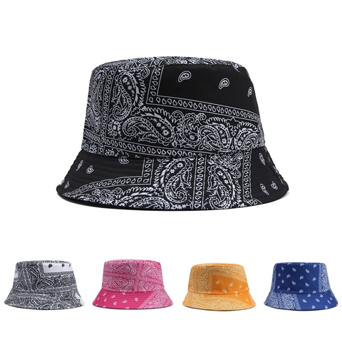 Paisley Bandana Print Reversible Cotton Bucket Hat Sun Protection Outdoor Casual Streetwear Unisex Fashion