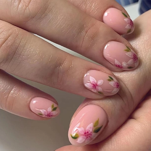 Press On Nails Pink Floral Design Glossy Oval Detachable Fake Nail Tips For Women DIY Manicure Cherry Blossom Style