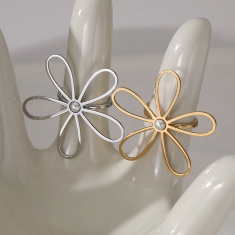 Anello Regolabile Fiore E Perla Artificial Acciaio Inossidabile 316L Gioielli Floreali Eleganti Per Donna Lucidato