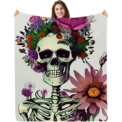 Halloween Gothic Flannel Blanket Skull Crow Moon Digital Print Soft Polyester Throw For Bed Couch Home Decor