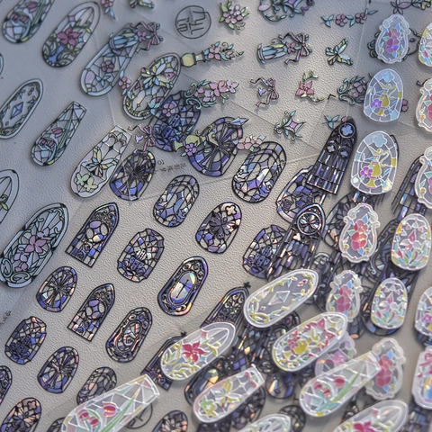 Rococo Stained Glass Nail Art Stickers Holographic Shell Light Flower Butterfly DIY Manicure Decoration Vintage Gothic Style