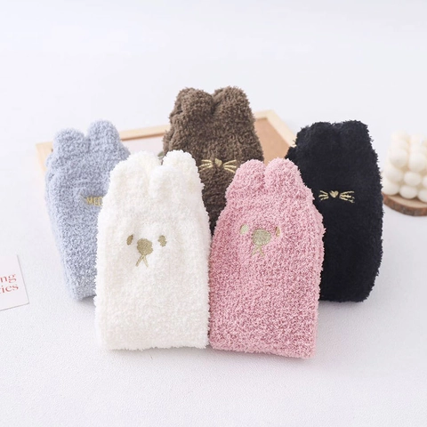 Damen Süße Cartoon Tierohren Baumwolle Plüsch Socken Weich Verdickt Winter Warm Zuhause Boden Schlaf Socken Für Damen