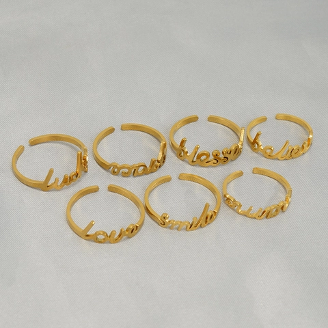 Verstelbare Open Ring Van Roestvrij Staal 18K Verguld Engels Script Letter Woord Ontwerp Sieraden