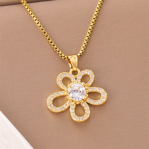 Flower Pendant Box Chain Necklace Stainless Steel Zircon Sparkly Gold Plated Dainty Luxury Jewelry For Women
