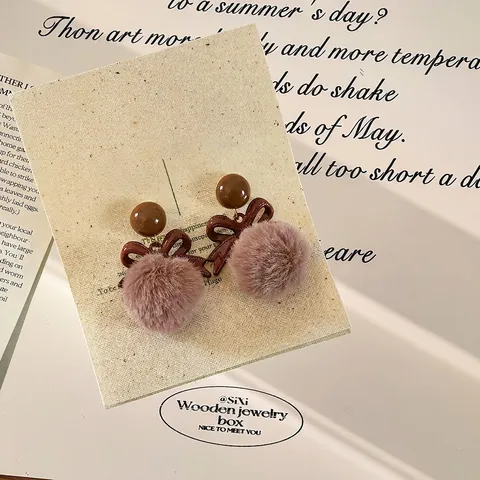 Bowknot Plush Fur Ball Drop Earrings With 925 Sterling Silver Earring Post Autumn Winter Retro Elegant Niche For Women