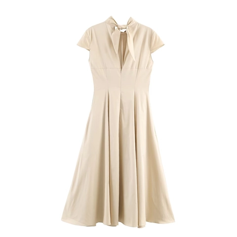 Vestido Midi Elegante Con Cuello Alto Y Manga Corta Con Lazo En La Espalda Color Sólido Cintura Alta Línea A Poliéster Para Mujer