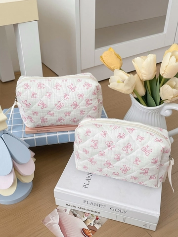 Quilted Cotton Makeup Bag With Pink Bow Pattern Zipper Cosmetic Storage Pouch Aesthetic Travel Organizer For Women