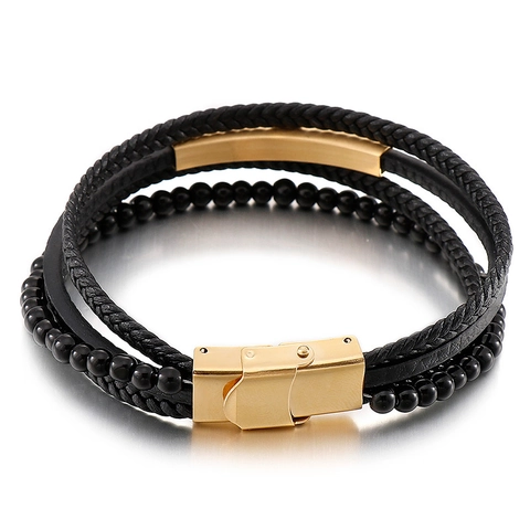 Herren Mehrschichtiges Armband Geflochtenes PU Leder Edelstahl Magnetschnalle Geometrische Perlen Retro Punk Armreif