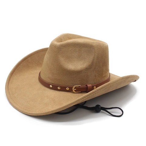 Western Cowboy Hat Suede Fabric With Studded Leather Belt And Adjustable Windproof Rope Retro Jazz Fedora Style Hat