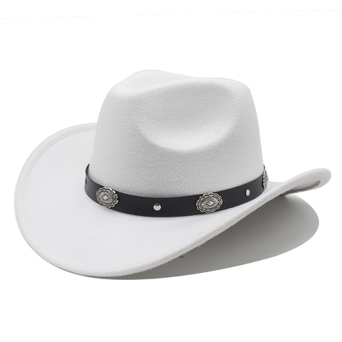 Western Cowboy Hat Polyester Woolen Felt Wide Brim Pinch Front Vintage Ethnic Style With Metal Concho Leather Band