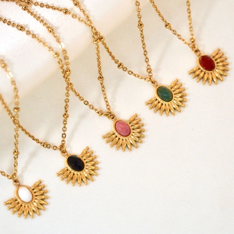 Collier Pendentif Rayon De Soleil Pierre Naturelle Incrustée Acier Inoxydable Plaqué Or Bohème Forme Éventail