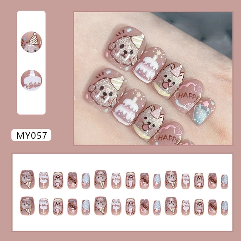 Cute Cartoon Puppy Birthday Cake Design Press On Nails Pink Glitter ABS Short Square Round Sweet Style Women