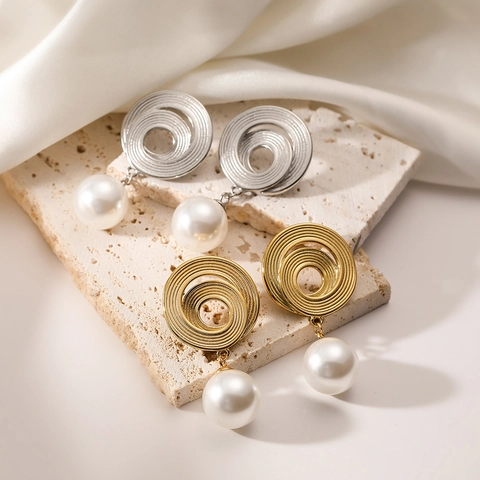 Vintage Titanium Steel Geometric Spiral Drop Earrings With Artificial Pearl Gold Silver Color Fashion Jewelry For Women