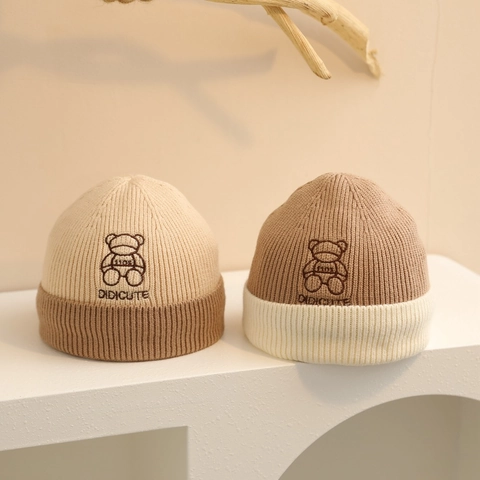 Baby Winter Knit Beanie Hat Warm Acrylic Color Blocked Bear Embroidery Cartoon For Infant Toddler