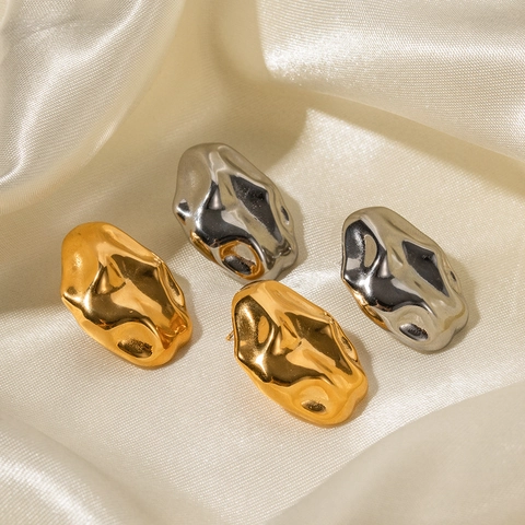 INS Style Irregular Hammered Stainless Steel Stud Earrings For Women 18K Gold Plated Lava Texture Modern Fashion Jewelry
