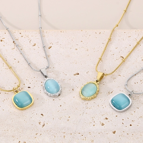 Collana In Acciaio Inossidabile Stile Francese Vintage Con Ciondolo In Pietra Occhio Di Gatto Bordo Festonato Per Donna