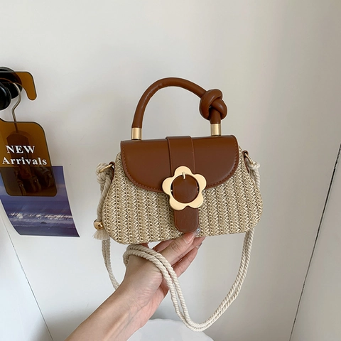 Bolso Bandolera De Paja Tejida Solapa De Cuero PU Hebilla De Flor Asa Con Nudo Correa De Cuerda Algodón Bolso Playa Verano Mujer