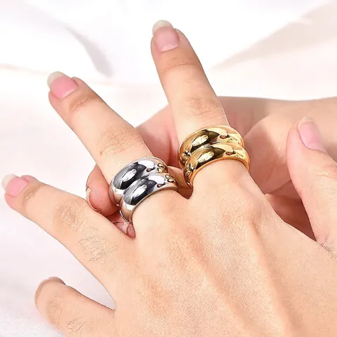 Minimalist Wide Band Double Layer Ring 18K Gold Plated Stainless Steel Mirror Polished Jewelry For Women Elegant