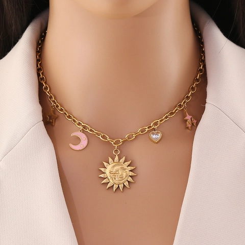 Stainless Steel Gold Plated Multi Pendant Necklace Sun Moon Star Sea Star Dolphin Shell Charms Bohemian Women Jewelry