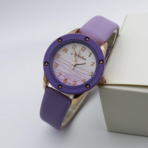 Fashion Women Quartz Watch PU Leather Strap Wave Pattern Dial Arabic Numerals Casual Student Wristwatch