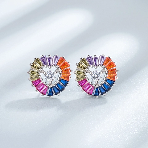 925 Sterling Silver Rainbow Zirconia Heart Stud Earrings For Women Baguette Cut Heart Shaped Fashion Jewelry Gift