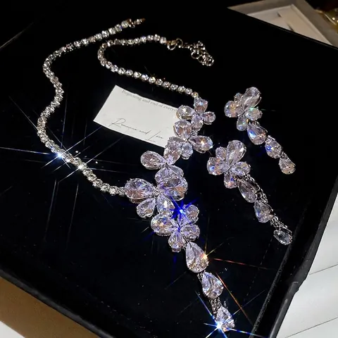 Zirkon Schmetterling Blumen Quaste Halskette Und Ohrringe Mit 925 Sterling Silber Ohrring Stecker Kupfer Hochzeit Party
