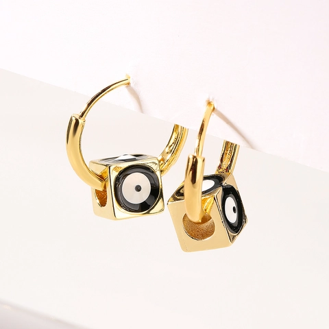 Boucles Oreilles Créoles Œil Maléfique Cuivre Plaqué Or 18K Pendentif Cube Émail Coloré Bijoux Géométriques Femmes