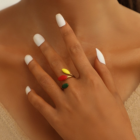 Adjustable Open Ring For Women Stainless Steel Gold Plated Colorful Enamel Flower Leaf Heart Vintage Style Jewelry