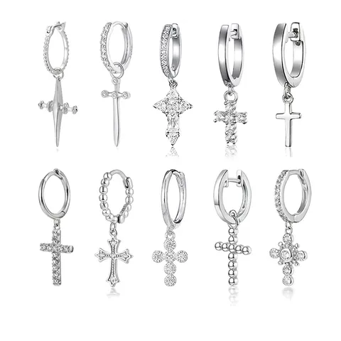 925 Sterling Silver Cross Hoop Earrings For Women Zirconia Inlaid European ins Style Gold Silver Color Drop Dangle Jewelry