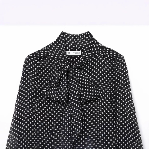 Polka Dot Chiffon Blouse Met Strik Nek Lange Lantaarnmouwen Opstaande Kraag Vintage Elegant Shirt Voor Dames