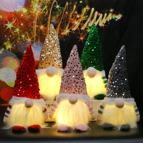 Christmas Gnome LED Light Up Sequin Plush Faceless Doll Tabletop Decoration Nordic Holiday Ornament Warm Glow
