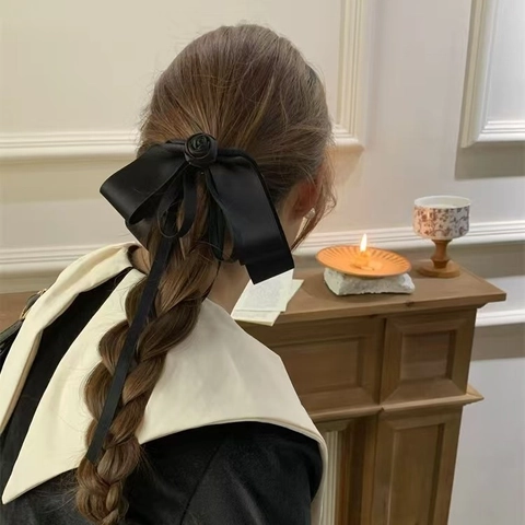 Molletta Per Capelli Con Fiocco In Raso Nero Vintage Francese Con Decorazione Di Rosa Nastri Lunghi Accessorio Elegante
