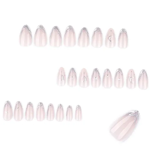 3D Argent Étoile Lune Ongles À Presser Forme Amande Française Nude Rose Vague Métallique Ongles Artificiels Pour Femmes