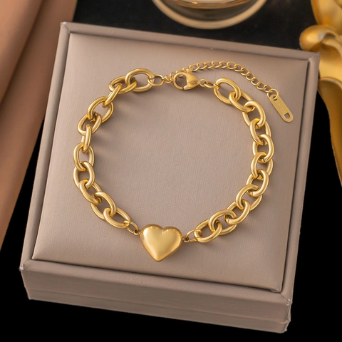 Mode Titanstahl Vergoldet Herz Anhänger Grobe Kette Halskette Armband Für Damen Hochwertiger Nicht Verblassender Schmuck