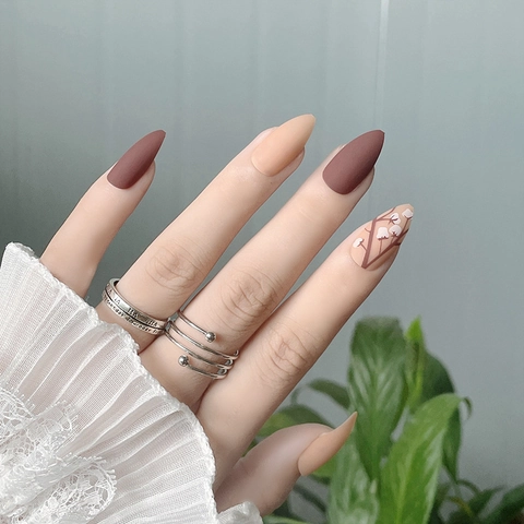 Press On Nails Matte Almond Shape Short Minimalist Flower Pattern False Nails For Women Daily Manicure