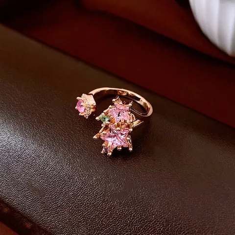 Verstellbarer Ring Kupfer Zirkon Rosa Stern Französischer Stil Eleganter Schmuck Damen Accessoire