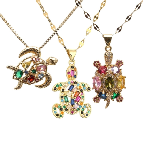 Turtle Pendant Necklace Gold Plated Copper Colorful Cubic Zirconia Animal Style Fashion Jewelry