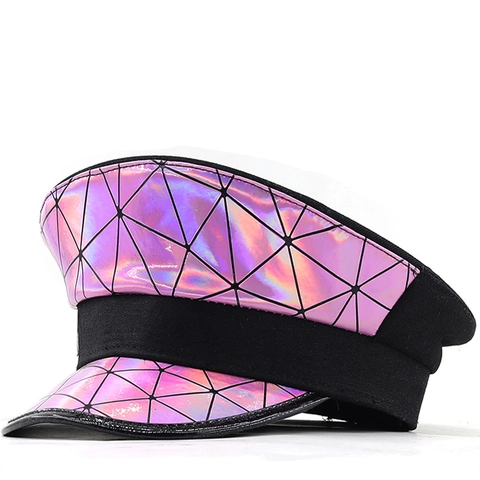 Holographic Geometric Captain Hat For Women Rave Party Music Festival Cyberpunk Flat Top Military Hat Reflective Laser