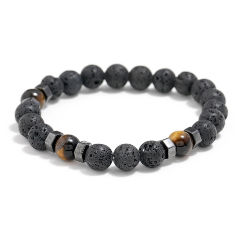 Lava Stone And Tigers Eye Beaded Bracelet Minimalist Hexagon Spacer Elastic Strand Jewelry Unisex Vintage Natural Stone Gift