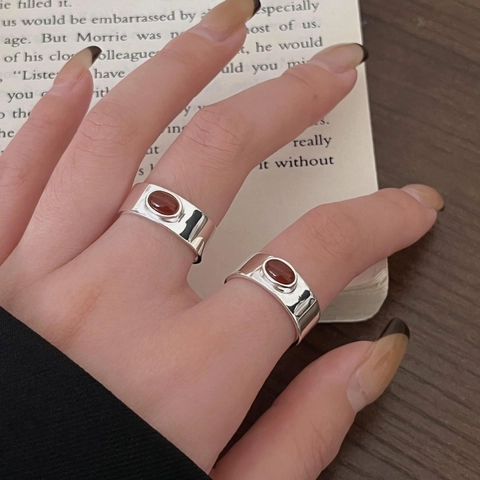 925 Sterling Zilveren Ring Met Rode Agaat Ovaal Geometrisch Minimalistisch Retro Mode Sieraden Voor Vrouwen Elegant Ins Stijl