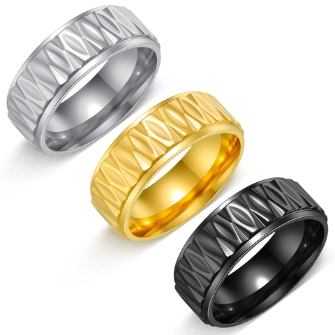 Vintage Stainless Steel Geometric Textured Rhombus Band Ring For Men Women Retro Hip Hop Punk Finger Jewelry Accessories Gift