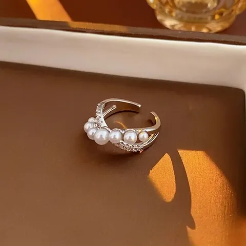 Modieuze Koperen Ring Met Kruisontwerp Zirkonia En Imitatieparels Verstelbare Open Ring Voor Dames